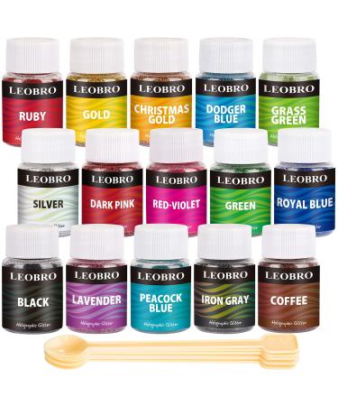 Holographic Fine Glitter, LEOBRO 15 Colors Extra Fine Resin Glitter Powder, Craft Glitter for Resin Jewelry Art Crafts Making, Cosmetic Glitter for Nail Body Face Hair, with 10 PCS Stir Spoons A-Fine