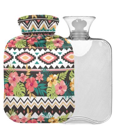 Naanle ethnic hawaii flower hot water bottle with reference warm and cold therapy Transparent hot water bottle 1l heat bottle for bed hand feet heat pain relief