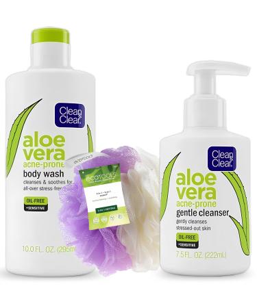 Clean & Clear Aloe Vera Body Wash and Acne Prone Facial Cleanser for Sensitive Skin Oil Free Soap and Dye Free Daily Facial and Body Cleanser Removes Dirt Oil & Makeup Bonus Loofah Included