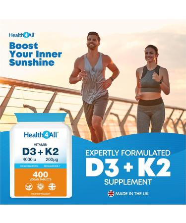Health4All Vitamin D3 4000iu & Vitamin K2 200ug (Natural MK7) 400 Tablets (1+ Year Supply) Vegan Vitamin D3 K2 Supplement High Strength MK-7 from Natto Made in The UK - Buy Online on GoSupps.com