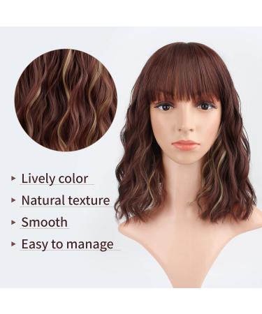 FAELBATY Short Brown Highlight Gold Wig with Bangs | Shoulder Length Curly Wavy Bob Synthetic Wig for Women's Cosplay Costume (12 Inches, T33/27) - Buy Online on GoSupps.com