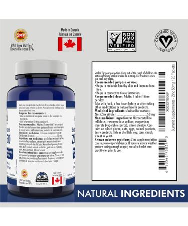 Summit Supplements Chelated Zinc Citrate 50mg - Enhanced Sleep & Immune Support - 120 Tablets for Men & Women - 3rd Party tested & Made in Canada - Buy Online on GoSupps.com
