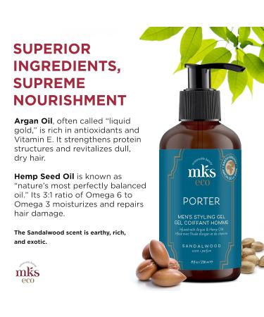 MKS Eco Porter Styling Gel for Men - Sandalwood Scent 8 oz | Flexible Hold Shine & Strength | Vegan & Cruelty-Free with Hemp Seed & Argan Oil - Buy Online on GoSupps.com