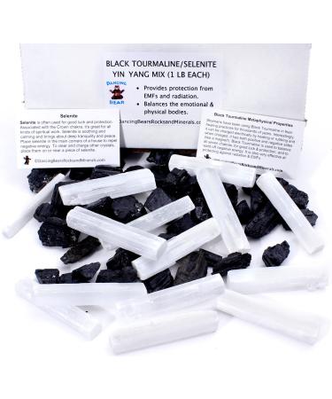 DANCING BEAR Black Tourmaline & Selenite Combo Pack (1 LB Each) Bulk Rough Raw Natural Stones for Good Vibes, Healing Crystals, Info Cards, Cleansing Energy, Made in USA