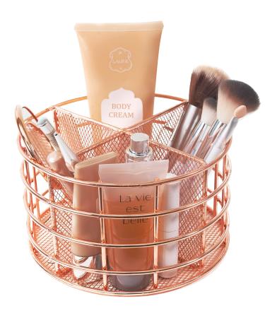 Rosework Rose Gold Makeup Brush Holder, Round Makeup Organizer For Vanity, 4 Compartment Makeup Brush Organizer and Cosmetic Brush Holder, Great Skincare Organizer and Makeup Brush Storage