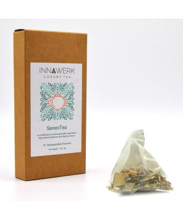 INNAWERK SereniTea Luxury Blends Stress Relief Herbal Tea Relieve Tiredness and Improve Mood (15 Biodegradable Pyramids) SereniTea 15 Pyramid Bags