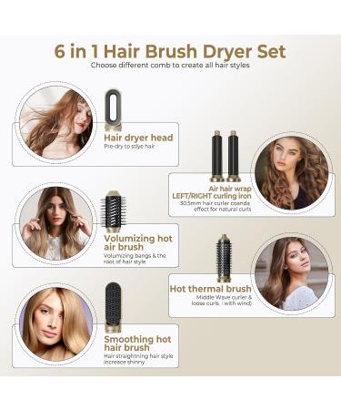 6-in-1 Multifunctional Hair Styling Tool | Detachable Blow Dryer Brush Ionic Hot Air Volumizer & More - Gold - Buy Online on GoSupps.com