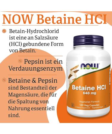 Now Foods Betaine HCl 648 mg - 120 Vegan Capsules | Gluten-Free Soy-Free & Lab Tested for Optimal Digestive Health - Buy Online on GoSupps.com