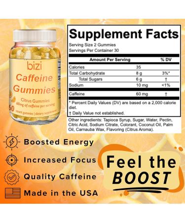 Bizi Caffeine Gummies - Energy Supplement for Focus & Boost - 30mg Caffeine per Gummy (60 ct) - Citrus Flavor for Men & Women - Buy Online on GoSupps.com