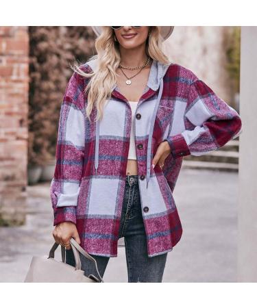 Plaid Hooded Shacket Womens Long Sleeve Plaid Hooded Shirts Flannel Button Down Shacket Drawstring Plaid Jacket Wine#55 Large - Buy Online on GoSupps.com