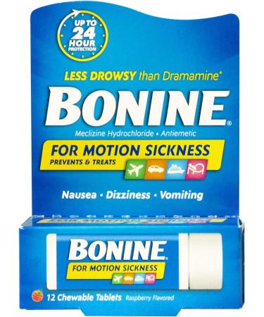 Bonine Non-Drowsy Motion Sickness Relief - 3 Pack Chewable Tablets with Meclizine HCL 25mg - Raspberry Flavor - Travel Essential for Nausea & Motion Sickness - 12ct Each - Buy Online on GoSupps.com
