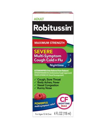 Robitussin Maximum Strength Severe Nighttime Multi-Symptom Cough, Cold and Flu Medicine, Nighttime CF Max, Raspberry Flavor - 4 Fl Oz Bottle Raspberry 4 Fl Oz (Pack of 1) - Buy Online on GoSupps.com