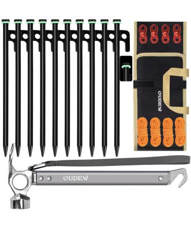 OUDEW Tent Stakes and Hammer Set,10pcs 10 in Heavy Duty Metal Tent Stakes + 12in Camping Hammer + Reflective Camping Rope + Storage Bag,Camping Accessories for Ground,Camp and Graden(Black) Black+hammer