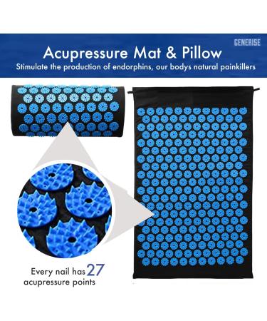 Acupressure Mat Generise Accupressure Body Mat and Pillow Set for Men & Women - Back Neck and Muscle Pain Relief - Includes Travel Bag with Adjustable Strap (Black with Blue Spikes) - Buy Online on GoSupps.com