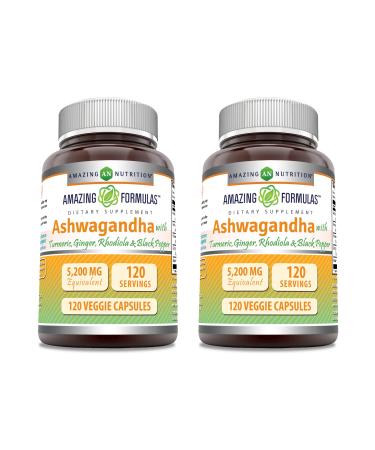 Amazing Formulas Ashwagandha Supplement | Contains Turmeric Ginger Rhodiola & Black Pepper | 5200 Mg Per Serving | Veggie Capsules | Non-GMO | Gluten-Free | Made in USA (2 Pack 120 Count)