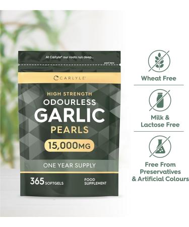 Odourless Garlic Capsules 15000mg | 365 Count | High Strength Garlic Oil | One Year Supply | No Artificial Preservatives | by Carlyle - Buy Online on GoSupps.com