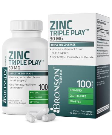 Bronson Zinc Triple Play 30 mg Triple Coverage Immune Support Zinc Supplement with Zinc Acetate, Picolinate & Orotate - Immune, Antioxidant & Skin Health Support - 100 Vegetarian Capsules 100 Count (Pack of 1)