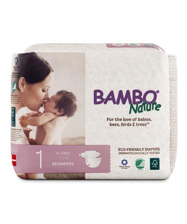 Bambo Nature Premium Baby Diapers, Size 1 (4-11 Lbs), 28 Count, Multi-Colored Size 1 (28 Count)