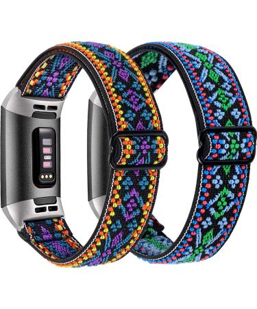 [2 pack]Osber Elastic Bands Compatible for Fitbit Charge 4/Charge 3/Charge 3 SE, Breathable Stretchy Replacement Wristbands for Women Men (Aztec Green/Aztec Purple)