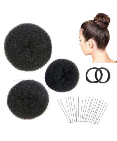 3 pieces donut hair bun maker set with 2 elastic hair band 10 U-shape hairpise hairpin dutt pillow buns maker for children girls women black