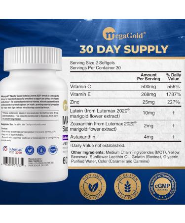 MegaGold Macular Support Advanced Formula - Eye Supplements for Vision & Macular Health*, Contains Lutein & Zeaxanthin, Vitamins C & E, Zinc, and Astaxanthin, for Seniors & Adults - 60 Count Softgels - Buy Online on GoSupps.com