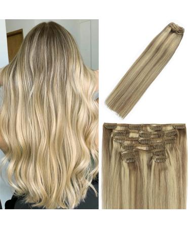 WindTouch Clip in Hair Extensions Human Hair Balayage Mixed Bleach Blonde 15Inch 70g Highlights for Blonde Remy Hair 7PCS #18P613 Gift for Women 15 Inch #18p613 Mixed Bleach Blonde