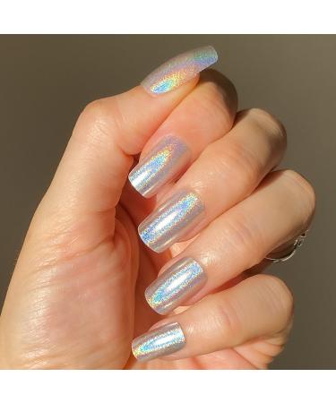 NOVO OVO Short Square Silver Chrome Holographic Metallic Thick Fake False Press On Nails COSMIC RADIATION Glossy Y2K Semi-Transparent Stick on Acrylic Nail Kit with Glue for Valentine's Day Spring
