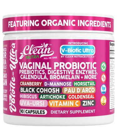 Clean Nutra Vaginal Probiotics for Women + Prebiotics Digestive Enzymes Bromelain Cranberry D Mannose Horsetail Black Cohosh Artichoke Hibiscus Flowers Probiotic for Digestive Health 90 Vegan Capsules 1