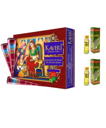 Kaveri Mehendi Cones Herbal Pure Leaves of Natural Henna for Hand Design on Festivals & Special Occasions with Free Mehandi Oil 12ml (12 Cones Pack of 1)
