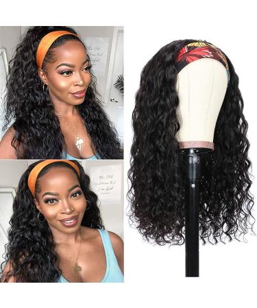 Bworto Headband Wig Human Hair Water Wave for Black Women None Lace Front Wigs Brazilian Virgin Hair Wet and Wavy Curly Headband Wigs Human Hair Glueless Machine Made Wigs 150% Density 16 Inch 16 Inch (Pack of 1) Water H...