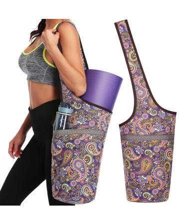 Soogus Yoga Mat Bag, Yoga Carrying Bag for Mat and Blocks Patterned Canvas Large Sling Yoga Tote Bag Pilates Bag with Zipper Pocket, Fits Most Size Mats Purple Flower Pattern