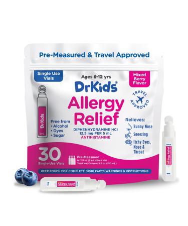 Dr. Kids Children's Allergy Relief Medicine with Diphenhydramine HCl 12.5 mg - Pre-Measured Single-Use Vials Kids Antihistamine for Sneezing Runny Nose & Itchy Eyes Mixed Berry Flavor 30 Count