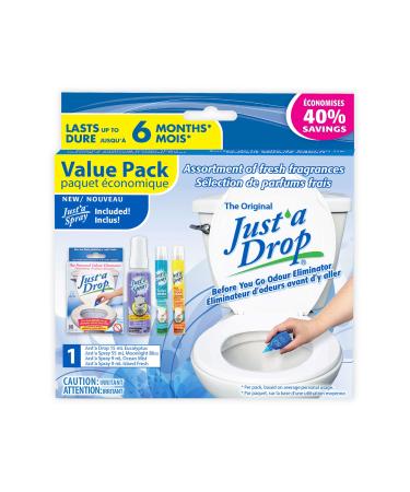 Just a Drop and Just a Spray Odor Eliminator Assorted Pack - Includes 15 ml Eucalyptus 55 ml Moonlight Bliss 9 ml Ocean Mist and 9 ml Island Fresh - Perfect for Home and Travel