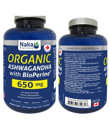 Naka Platinum Organic Ashwagandha with BioPerine 650mg Increase Energy Stress Resistance Memory Enhancement Made in Canada (150 vcaps) 150 count (Pack of 1)