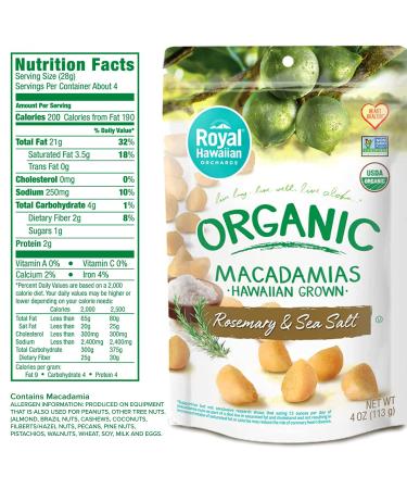 Royal Hawaiian Orchards Organic Rosemary Sea Salt Macadamia Nuts - 4 oz (Pack of 2) | Gluten-Free, Vegan, Non-GMO, Kosher - Buy Online on GoSupps.com