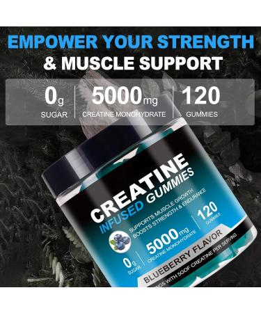 Creatine Monohydrate Gummies 5000 mg 120 Sugar-Free Vegan Creatine Chews for Women and Men - Creatine Supplement for Daily Routine - Blueberry Flavor - Buy Online on GoSupps.com