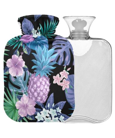 Naanle hot water bottle with cover pineapple palm leaves exotic flowers Transparent hot water bottle 1l heating bag for pain relief back hand feet heat heat and cold therapy