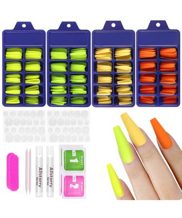 Allstarry 400pcs Matte Press on Nails Extra Long Ballerina Coffin Fake Nails Acrylic Artificial Nails Green Yellow Full Cover Colorful Nail with Box Nail Accessories for Women Girl Fluorescent Series