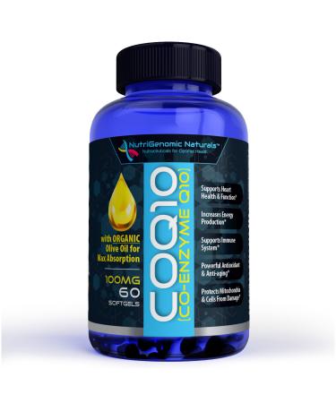 CoQ10, Coenzyme Q10, Highest Absorption with Organic Olive Oil, 100mg, 60 Softgels, Ubiquinone, Ubiquinol, Supports Heart Health, Increases Energy, Pure, Natural, Effective, NutriGenomic Naturals