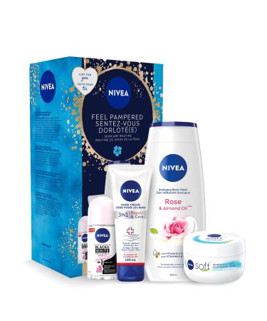 NIVEA Feel Pampered Skincare Routine Holiday Gift Set for All Skin Types Includes Moisturizing Cream Body Wash Deodorant and Hand Cream 4-Piece Skin Care Set