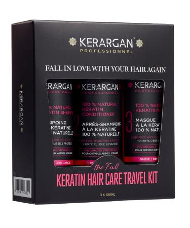 Kerargan - Kit de Voyage Ultra R parateur la K ratine Shampoing Apr s-shampoing & Masque - Nourrit Lisse Renforce & Prot ge m me en D placement - Sans Sulfate silicones OGM - 3x100 ml