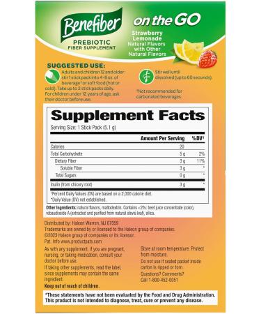 Benefiber Fiber Supplement, Strawberry Lemonade, On The Go Stick Packs, 36 Count 6.48 Ounce (Pack of 1) - Buy Online on GoSupps.com