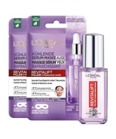 L'Or al Paris - Anti-Wrinkle Eye Care Ritual - With Hyaluronic Acid & Caffeine - 1x Triple-Ball Roller Serum (20 ml) & 2x Sheet Masks - Revitalift Filler