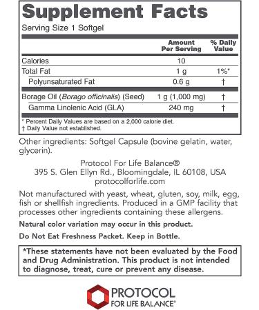 Protocol for Life Balance Borage/GLA 1000mg Softgels - Omega-6 Fatty Acids - Reduce Inflammation, Support Immune System, Joints & Hormonal Balance - 60 Count - Buy Online on GoSupps.com