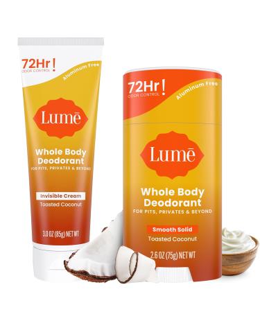 Lume Whole Body Deodorant - Invisible Cream Tube and Solid Stick - 72 Hour Odor Control - Aluminum Free Baking Soda Free Skin Safe - 3.0 Ounce 2.6 Ounce Bundle (Toasted Coconut)
