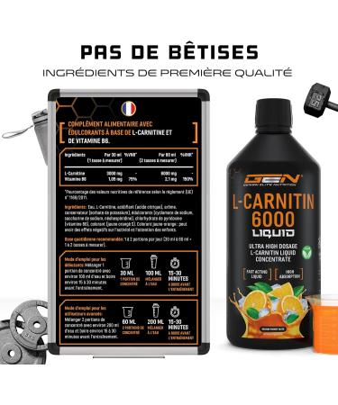 L-Carnitine 6000 Liquid - 1000 ml - Extra Heavily Dosed with 6000mg Pure L-Carnitine per Daily Serving - Amino Workout Drink - Delicious Flavor (Orange Power) - Vegan - Buy Online on GoSupps.com