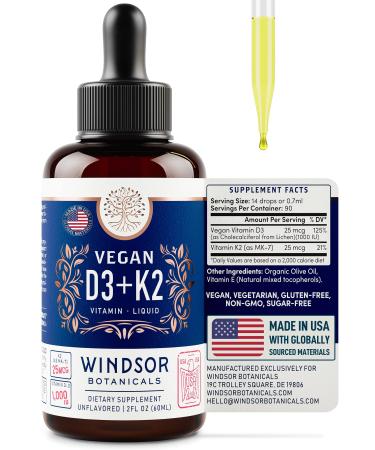 WINDSOR BOTANICALS Vitamin D3 K2 Vegan Liquid - Heart Immune Function and Brain Support Supplement - D3 1 000iu K2 MK-7 25mcg Cruelty-Free Organic Olive Oil Drops - Unflavored - 90 Servings - 2oz