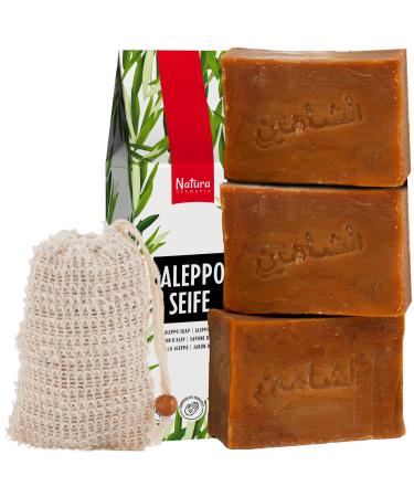 Natura Germania 3x each approx. 200 gr (approx. 600 gr) original Aleppo soap set 80% olive oil / 20% laurel oil + sisal soap bag | Known from public broadcasting - natural soap - Buy Online on GoSupps.com