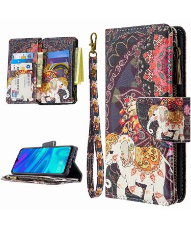 Miago 9 card slots leather cover for Huawei Y6 2019 colorful zip flip shell wallet case cell phone case PU leather pocket protective cover elephant flower huawei y6 2019 elephant flower