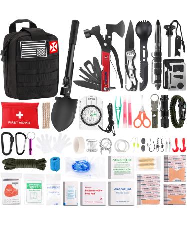 Survival First Aid Kit 248PCS Survival Tools Camping Essentials Tactical Gear Emergency Trauma Medical Supplies Packed in a MOLLE Pouch Cool for Men Camping Hiking Outdoor Activities Black
